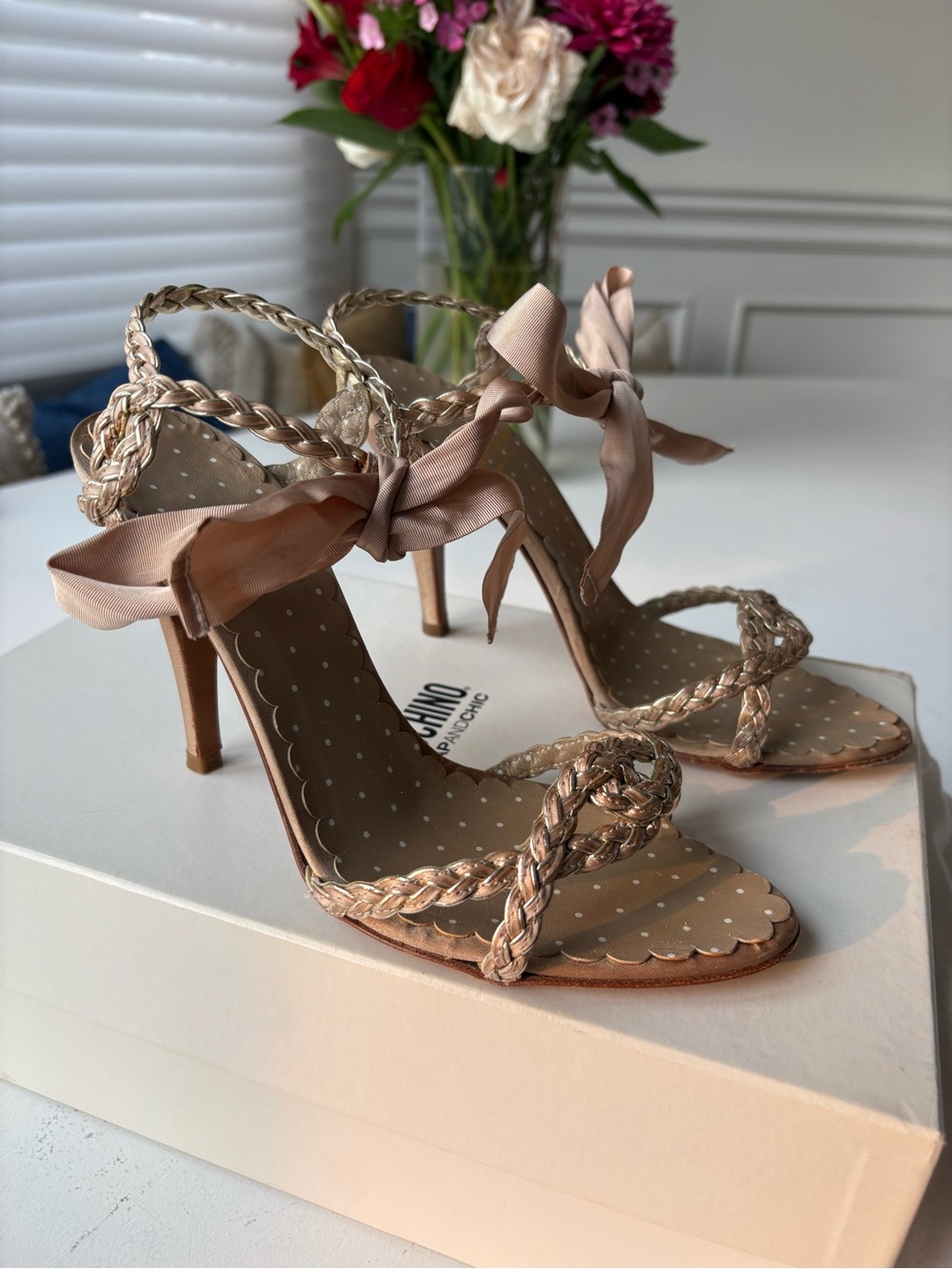 Moschino Blush Braided Satin Tie Heels